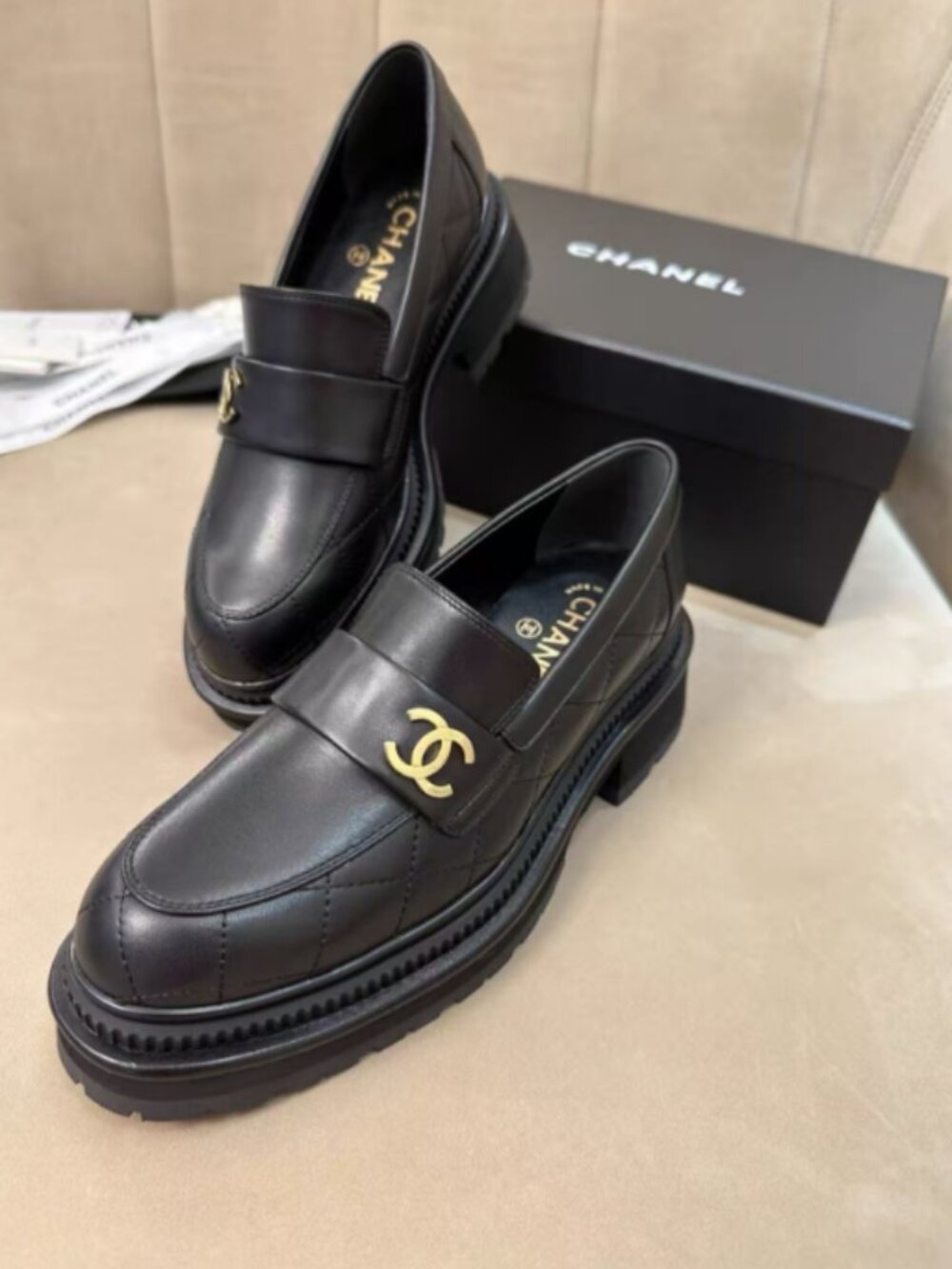 Chanel Quilted CC Chunky Loafers Black Leather Size 38 (US 8)